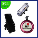 Benotto Kit Timbre ”I Love My BENOTTO” Rojo + Soporte para Smartphone Urbano Universal Plastico JY-530 Negro + Luz Trasera USB JH818B Blanca Envío Gratis a Todo México